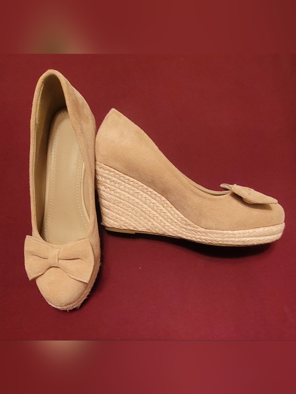 Women's Cream Suede Wedge Pumps with Bow